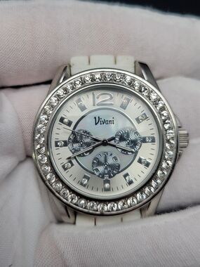Vivani Women's Silver Crystal Bezel Watch with White Strap
